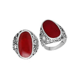 Sterling silver oval Red Coral Shell ring with detailed Bali filigree and oxidized finish, handcrafted artisan statement jewelry for women.